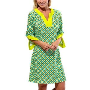 All For Color Turquoise and Yellow Geometric V‑Neck Shift Dress